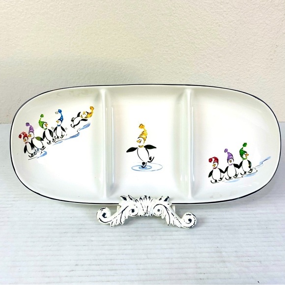 Pfaltzgraff Penguin Skate 3 Section Serving Tray 15.5” x 7” x 2” - Picture 1 of 9